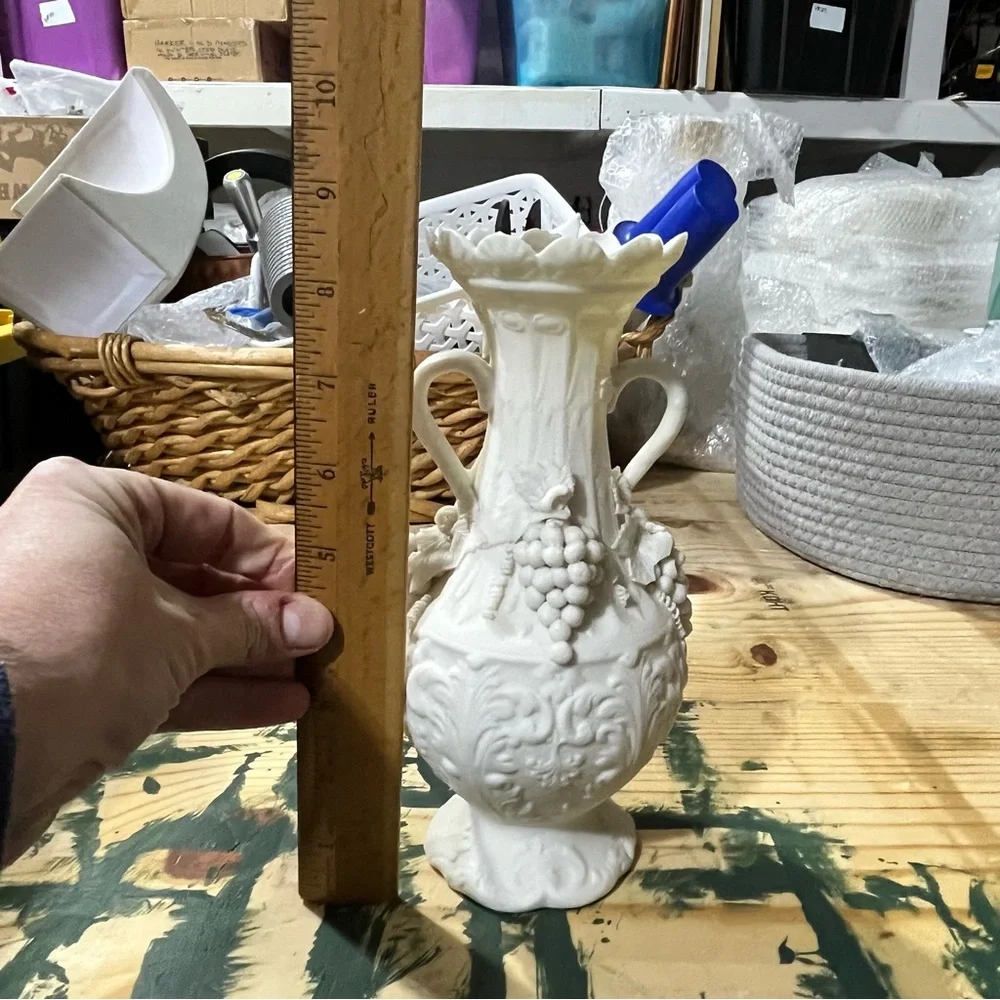 White Parian Ware Amphora Vase 8.5” Grape Design